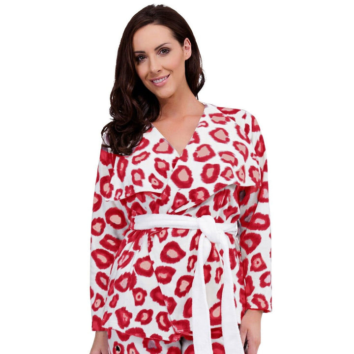 Womens Animal Print Polished Fleece Short Drape Bath Robe Cream &amp; Red / UK 8-10