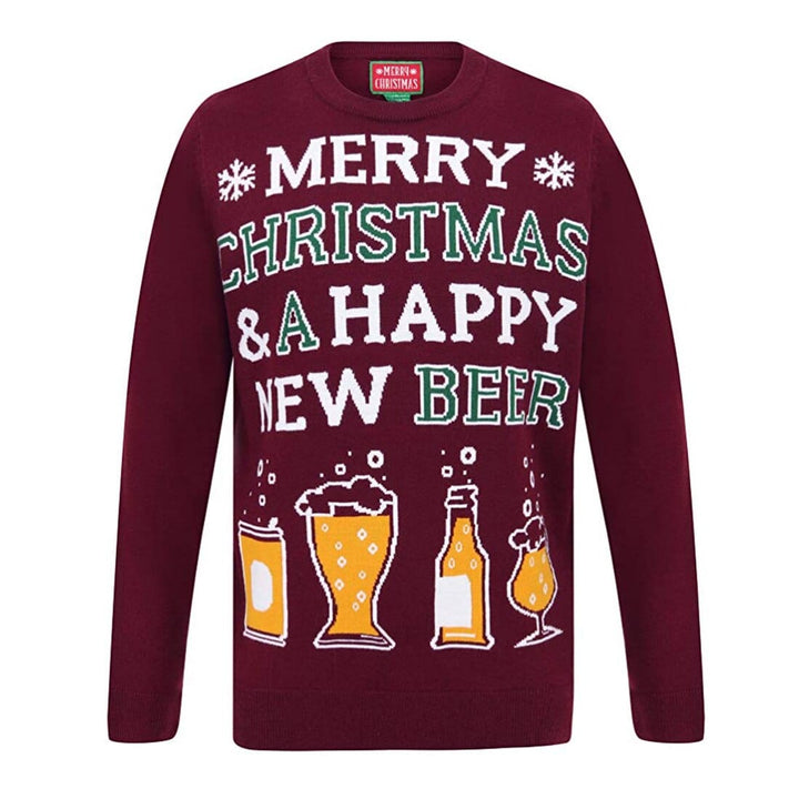 Mens Christmas Jumper Merry Christmas & A Happy New Beer Oxblood / S