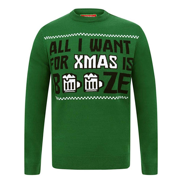 Mens Novelty Christmas Jumper All I Want For Xmas Is Booze Christmas Green / S