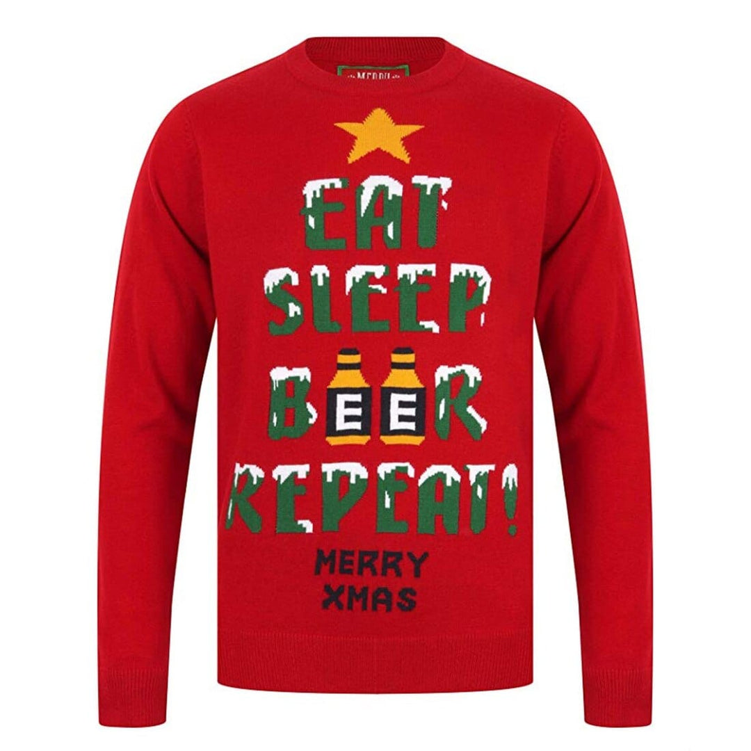 Mens Novelty Christmas Jumper Xmas Eat Sleep Beer Repeat George Red / S
