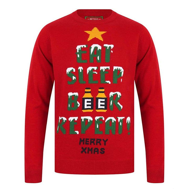 Mens Novelty Christmas Jumper Xmas Eat Sleep Beer Repeat George Red / S