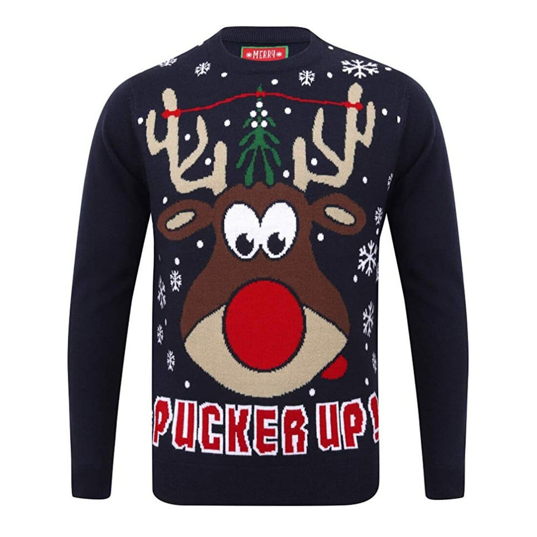 Mens Novelty Christmas Jumper Pucker Up Mistletoe Reindeer Eclipse Blue / S