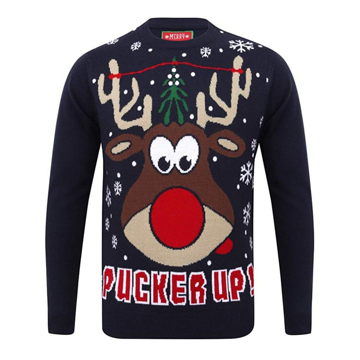 Mens Novelty Christmas Jumper Pucker Up Mistletoe Reindeer Eclipse Blue / S