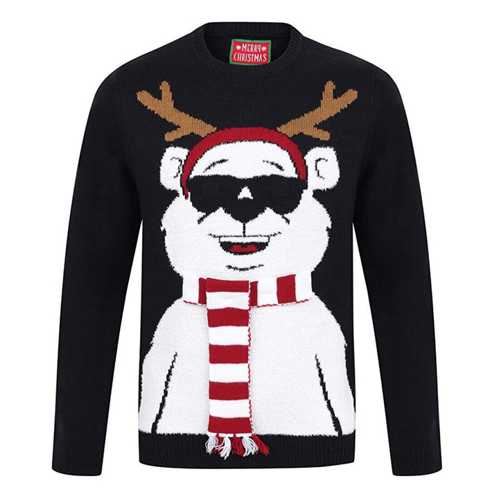 Mens Novelty Christmas Jumper Light Up Knitted Polar Bear Black / S