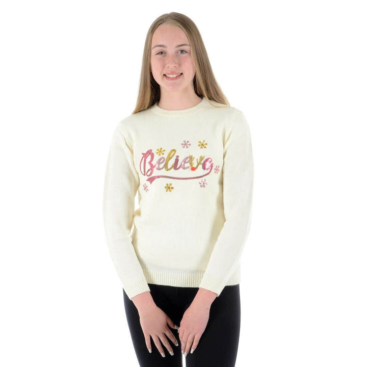 Girls Christmas Jumper Believe Flowers Sequins Pink Gold 4-5