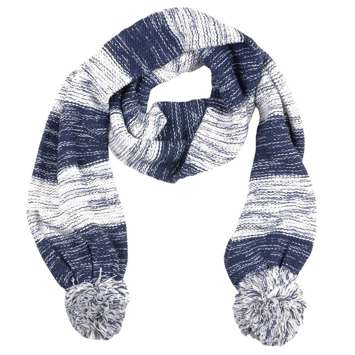 Drew Womens Knitted Scarf Marl Stripe &amp; Large Pom Poms Blue
