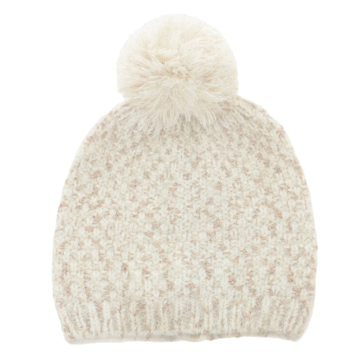 Maddie Womens Ivory/Gold Knit Beanie Hat With Pom Pom