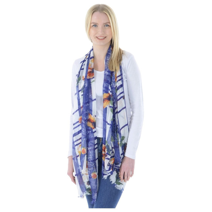 Womens Lightweight Sheer Scarf With Check &amp; Floral Print (Milena)
