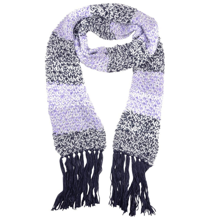 Womens Ontario Chunky Knit Scarf With Long Fringe Tassels Lilac &amp; Navy