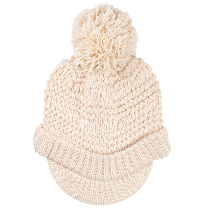 Womens Chunky Knit Willow Hat With Peak &amp; Pom Pom Bobble Almond