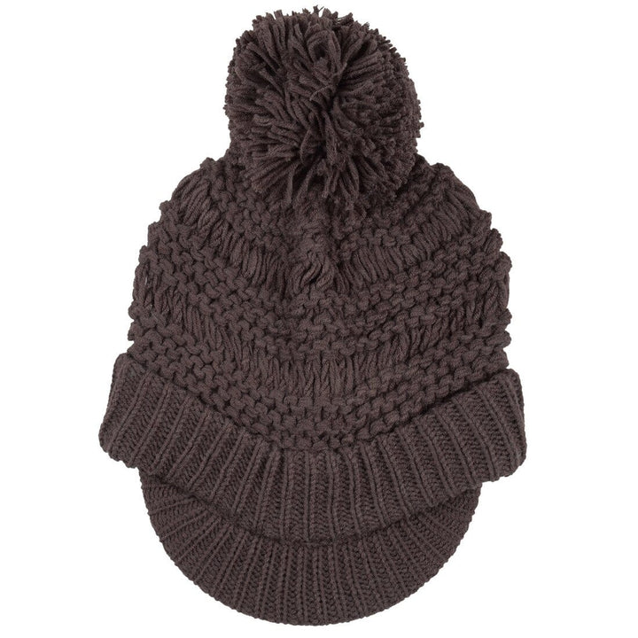Womens Chunky Knit Willow Hat With Peak &amp; Pom Pom Bobble Cappuccino