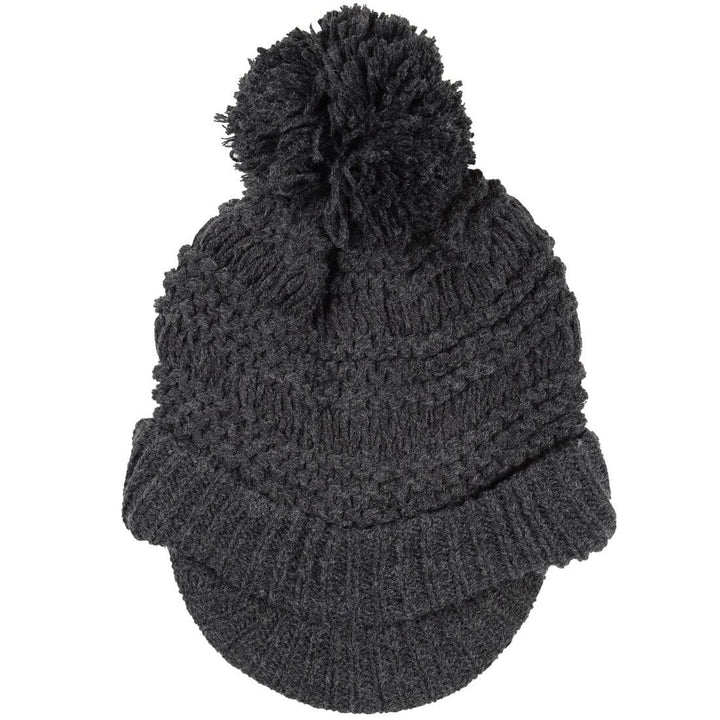 Womens Chunky Knit Willow Hat With Peak &amp; Pom Pom Bobble Charcoal Grey