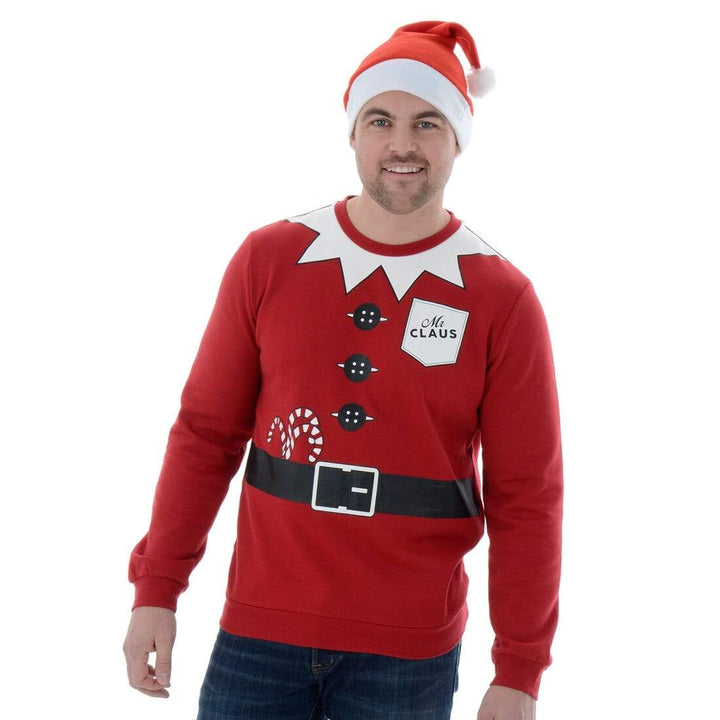 Mens Novelty Santa Mr Claus Christmas Jumper Sweatshirt &amp; Hat S