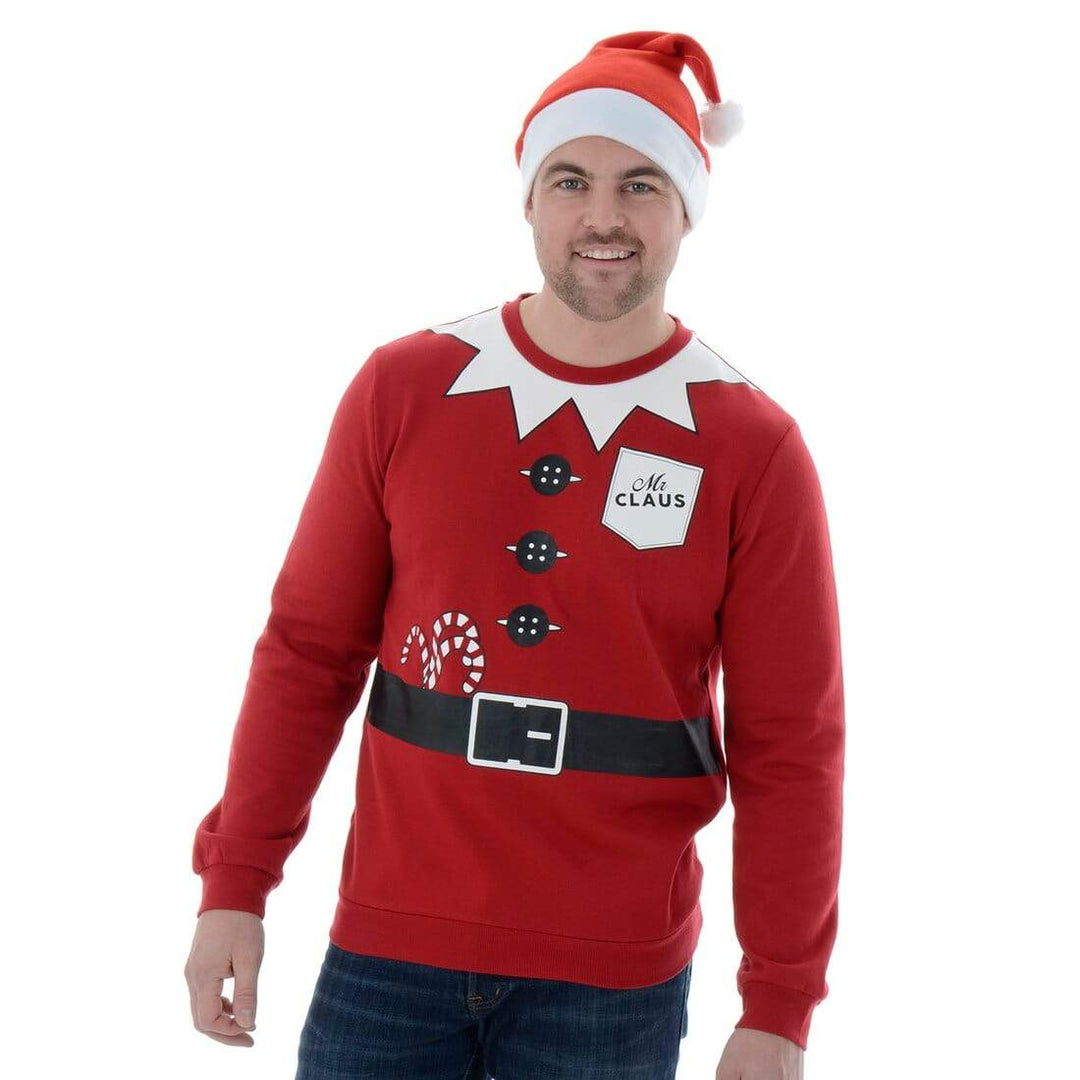 Mens Novelty Santa Mr Claus Christmas Jumper Sweatshirt & Hat S