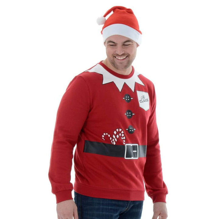 Mens Novelty Santa Mr Claus Christmas Jumper Sweatshirt &amp; Hat