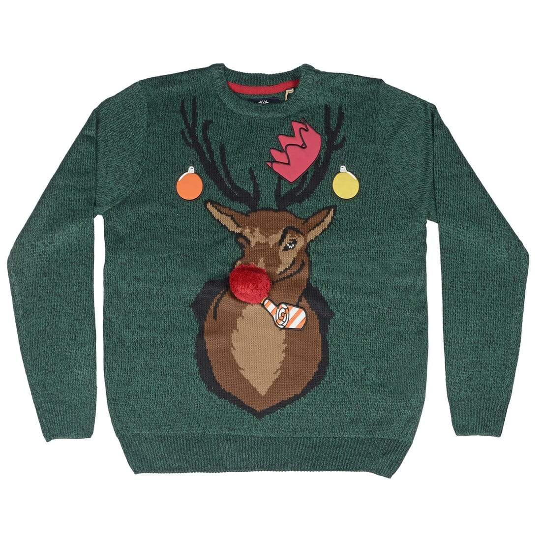 Mens Christmas Jumper Rudolph Stag Head Green Black Fun XS Stock