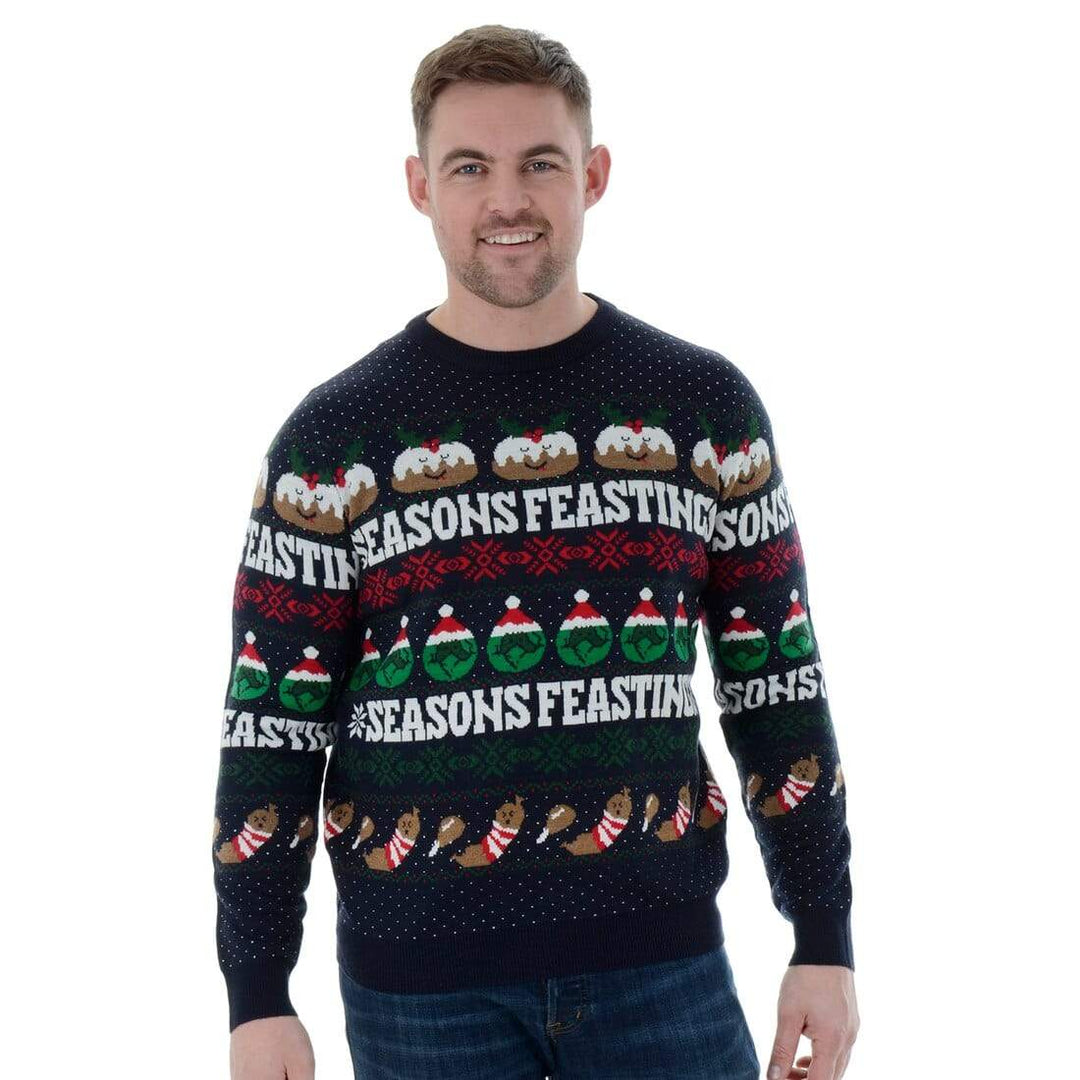 Mens Novelty Knitted Navy Christmas Jumper Seasons Feastings L