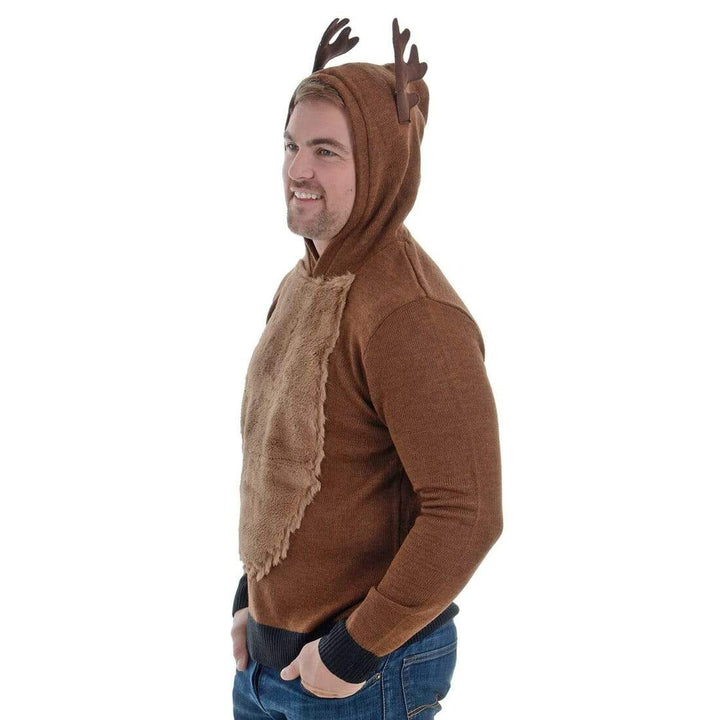 Mens Christmas Hooded Jumper Rudolph Antlers Brown Knit S
