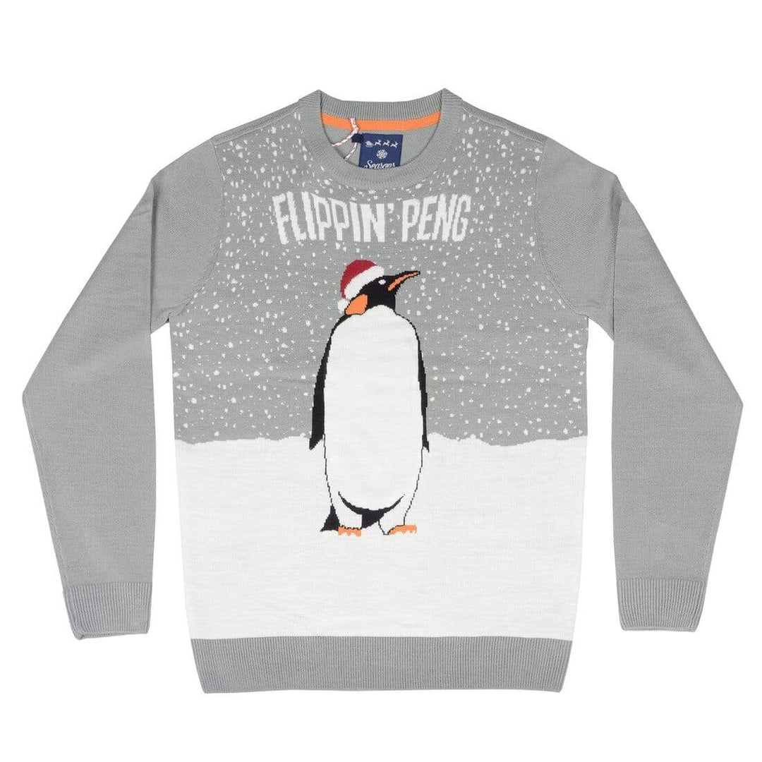 Mens Christmas Jumper Flippin Peng Snow Grey Crew Neck Fun S