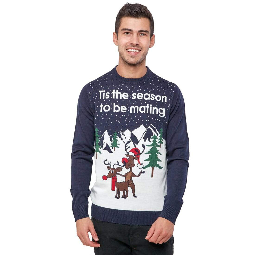 Mens Christmas Jumper Rude Reindeer Xmas Navy Adult Party Fun – XS