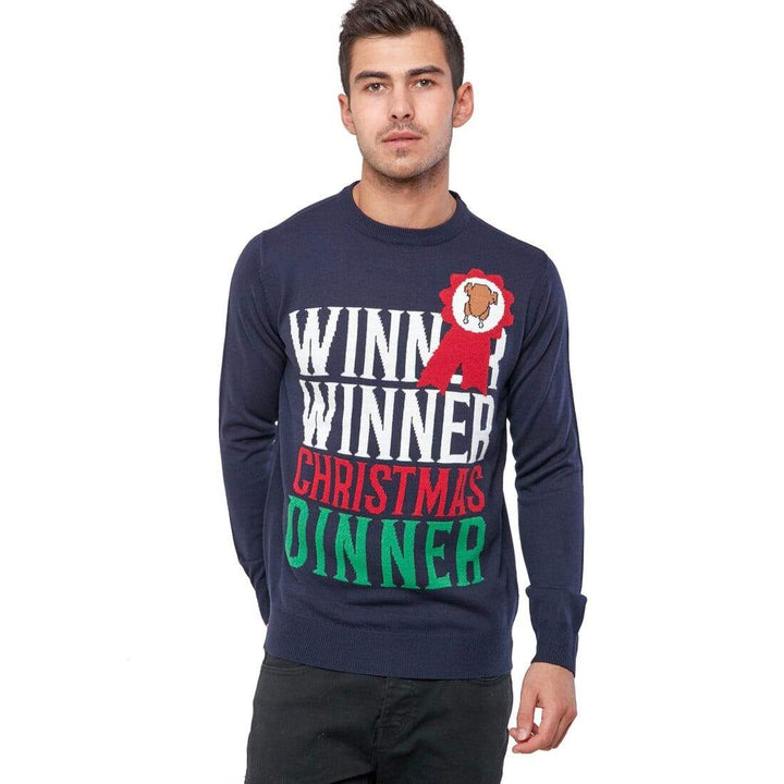 Mens Christmas Jumper Winner Xmas Dinner Slogan Navy Turkey S
