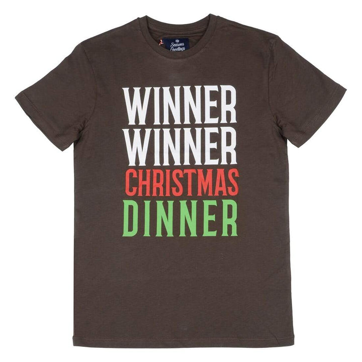 Mens Christmas T-Shirt Winner Dinner Fun Brown Xmas Top S
