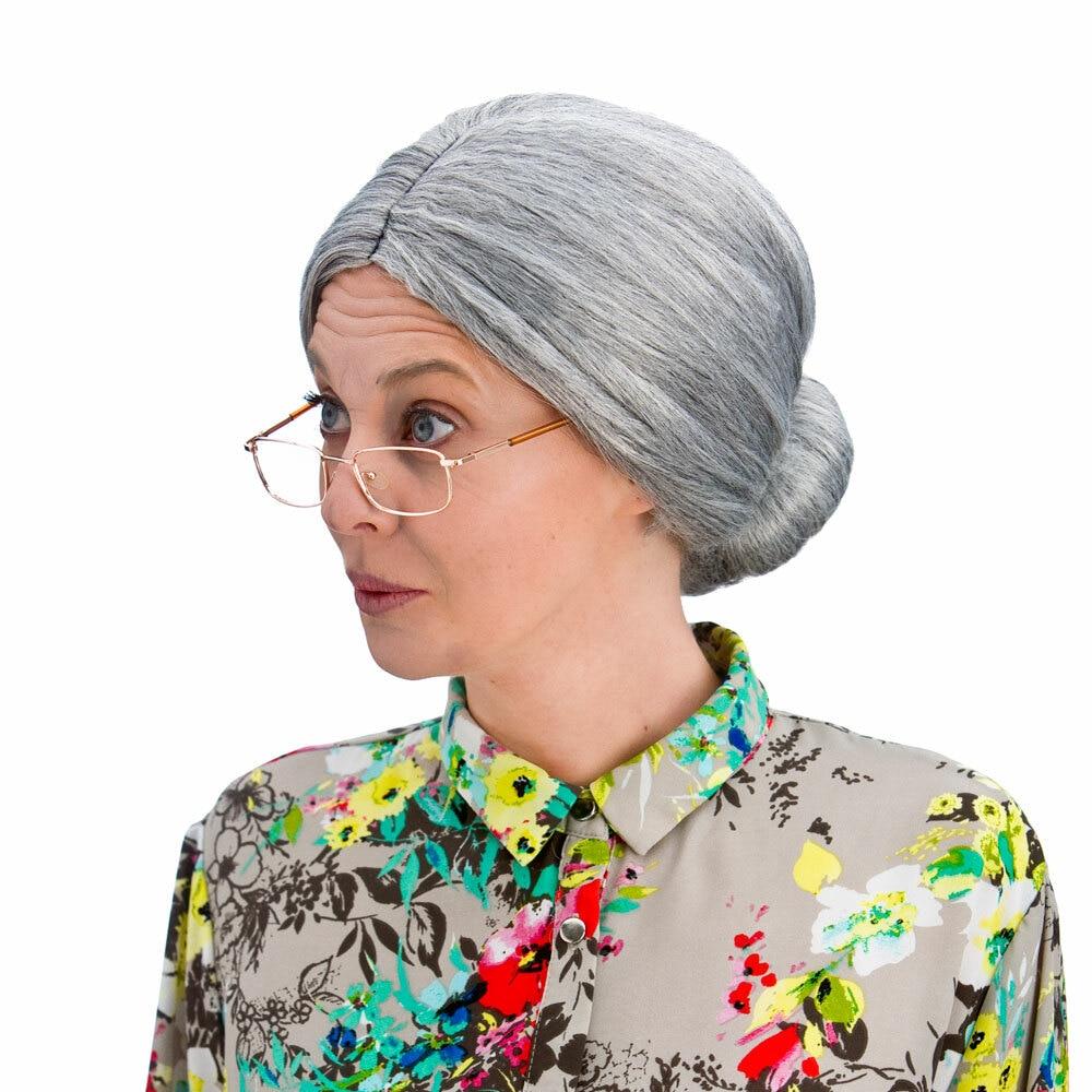 Grey Bun Wig Granny Grandma Nana Fancy Dress Halloween