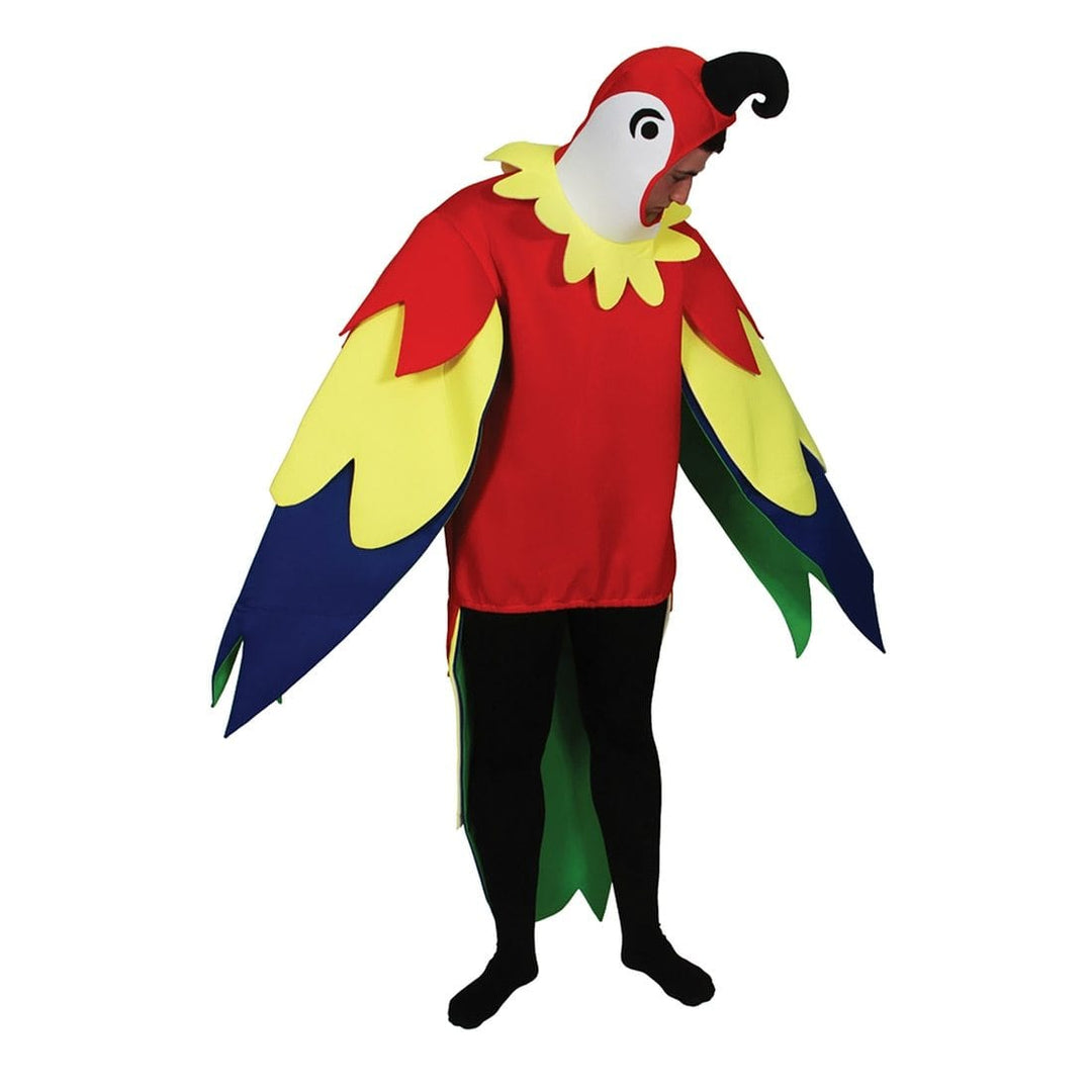 man wears red yellow green and blue parrot costume with black tights on white background