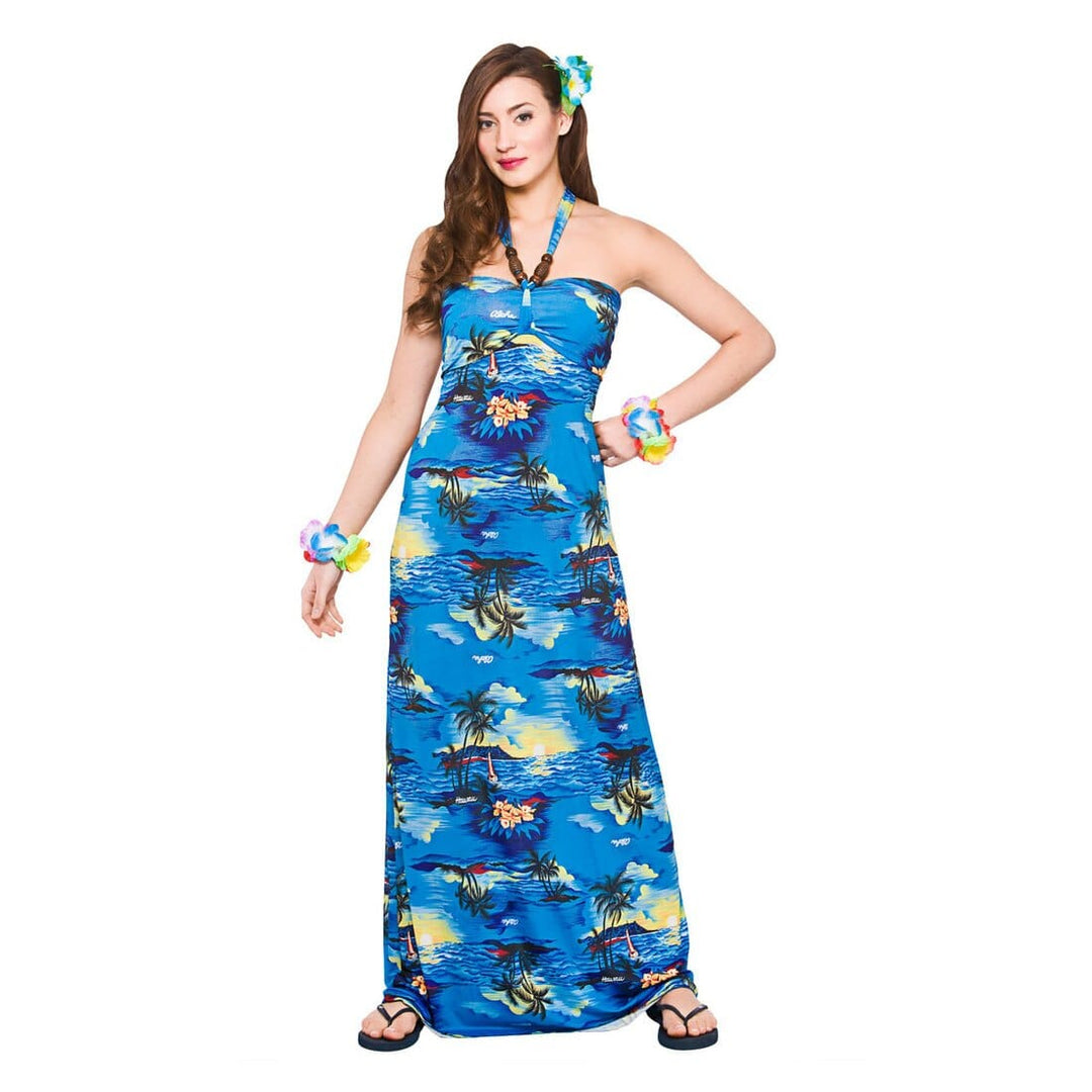 Hawaiian Long Dress Blue Palm Fancy Dress Beach Party L (UK 18-20)