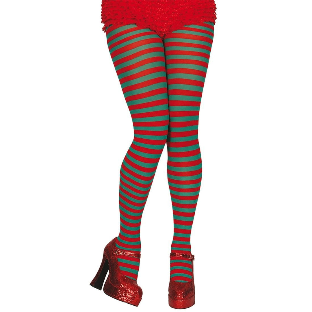Red & Green Striped Tights Halloween Christmas Fancy Dress