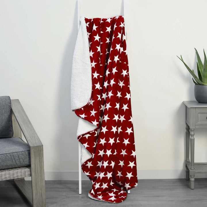 Luxury Double Layer Stars Sherpa Lined Fleece Blanket Sofa Bed Throw Red &amp; White / 130 x 160cm