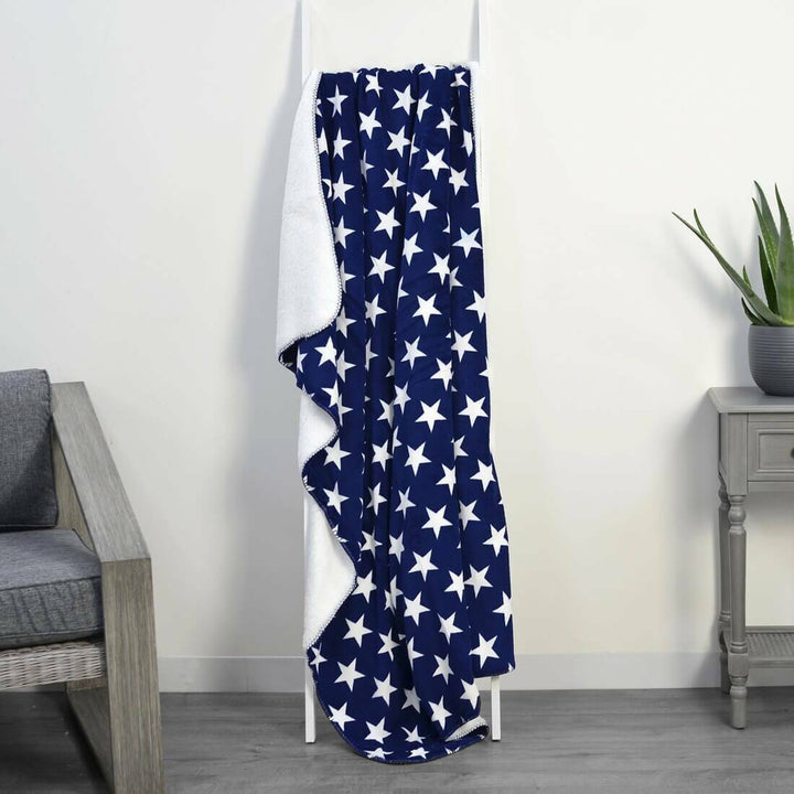 Luxury Double Layer Stars Sherpa Lined Fleece Blanket Sofa Bed Throw Navy &amp; White / 130 x 160cm
