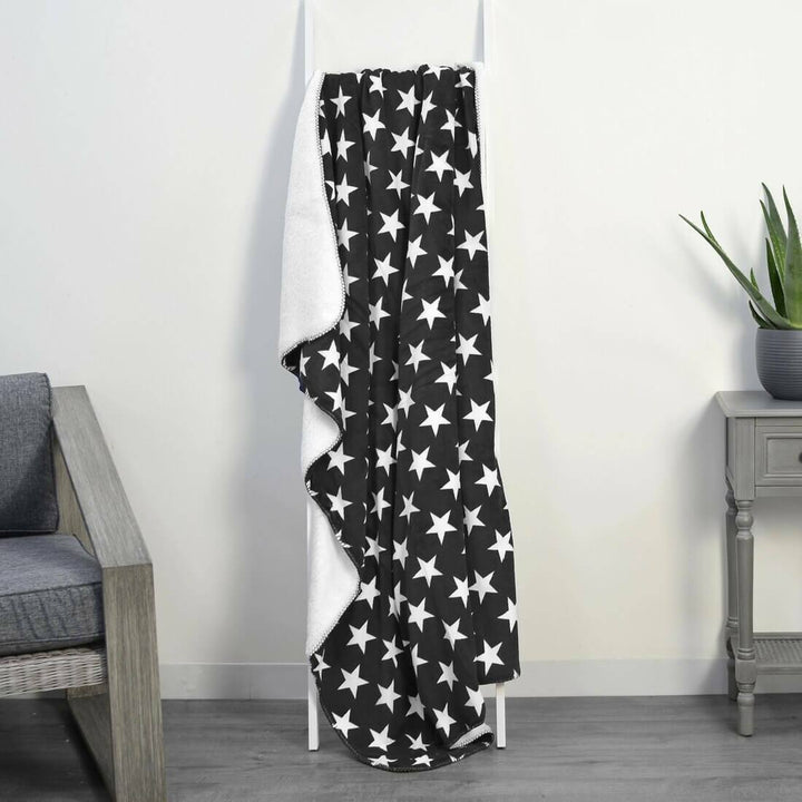 Luxury Double Layer Stars Sherpa Lined Fleece Blanket Sofa Bed Throw Black &amp; White / 130 x 160cm