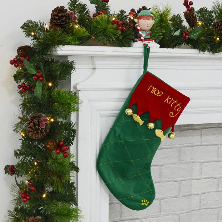 Nice Kitty Pet Cat Christmas Stocking Red &amp; Green Fabric