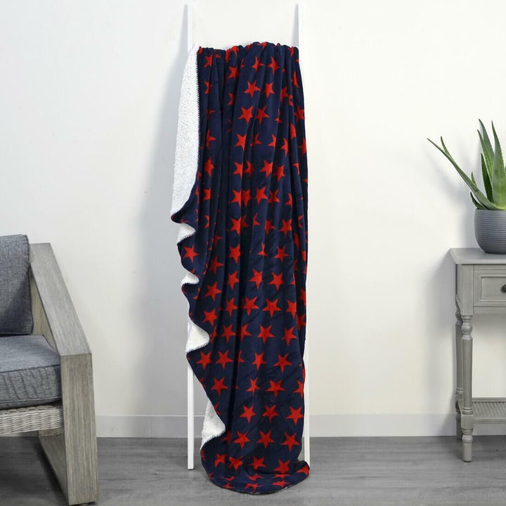 Luxury Double Layer Stars Sherpa Lined Fleece Blanket Sofa Bed Throw Navy &amp; Red / 130 x 160cm