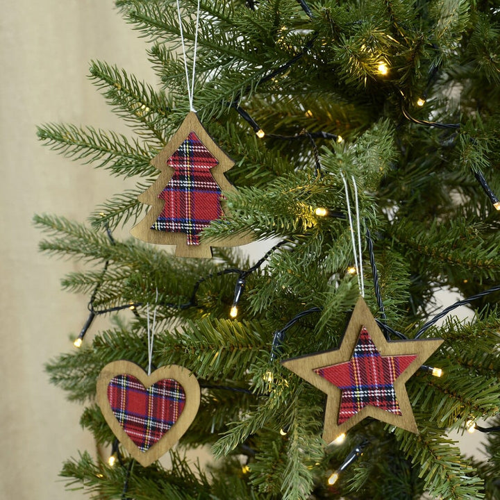 Set of 6 Tartan Wooden Hanging Christmas Tree Decorations