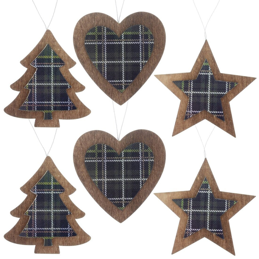 Set of 6 Tartan Wooden Hanging Christmas Tree Decorations Green