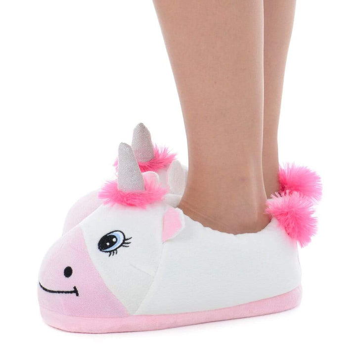 Women's Novelty Unicorn Slippers Pink & White Plush Slip On