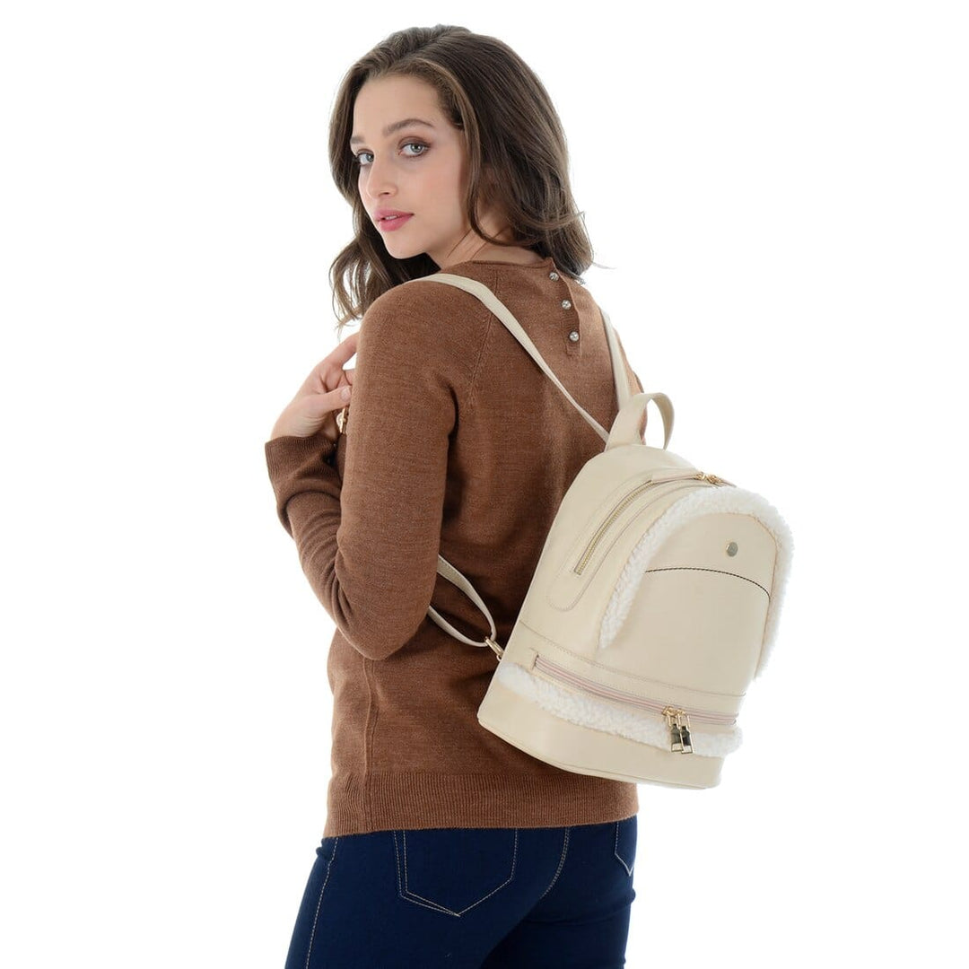 Womens Leyla Faux Leather Zip Backpack Faux Fur Trim –