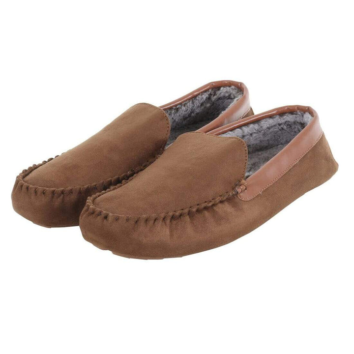 Mens Moccasin Slippers Luxury Microsuede Fur Lining Non-Slip Tan / 6
