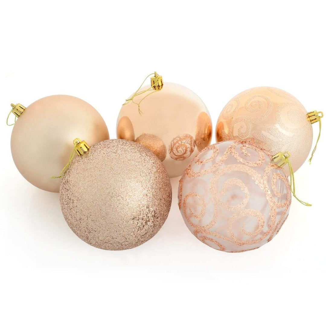 5 x 10cm Christmas Tree Baubles Swirl Matte Glitter Mirrored Champagne
