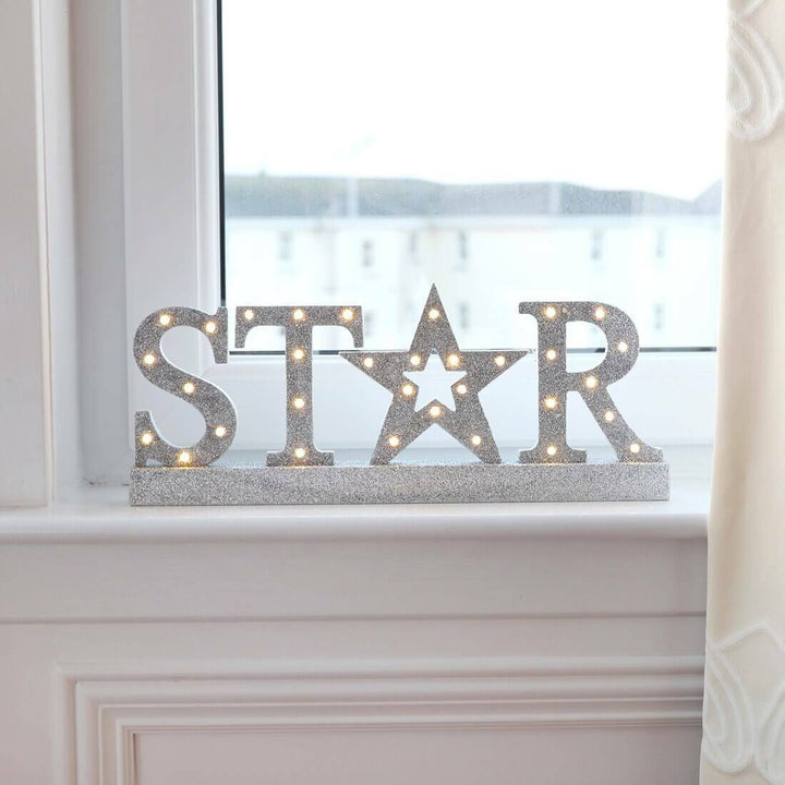 Silver Glitter Star Wooden Light Up Room Decoration 40cm