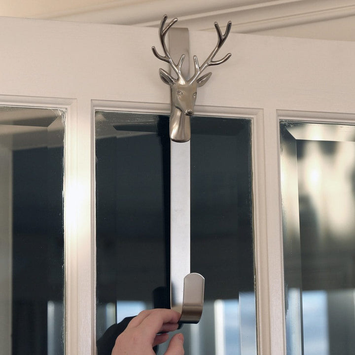 Christmas Wreath Hanger Reindeer Silver Metal Door Hook 35cm