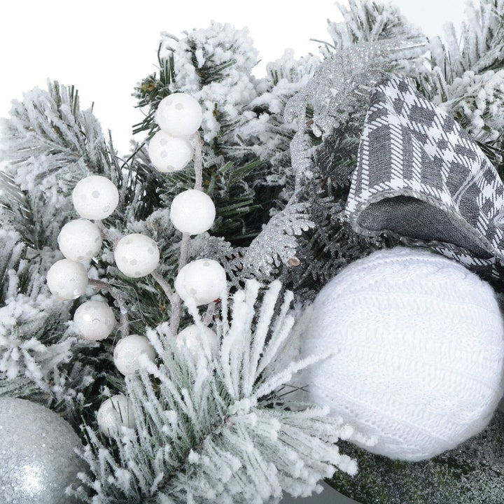 Snow Flocked Christmas Wreath With Grey Tartan Bows 60cm