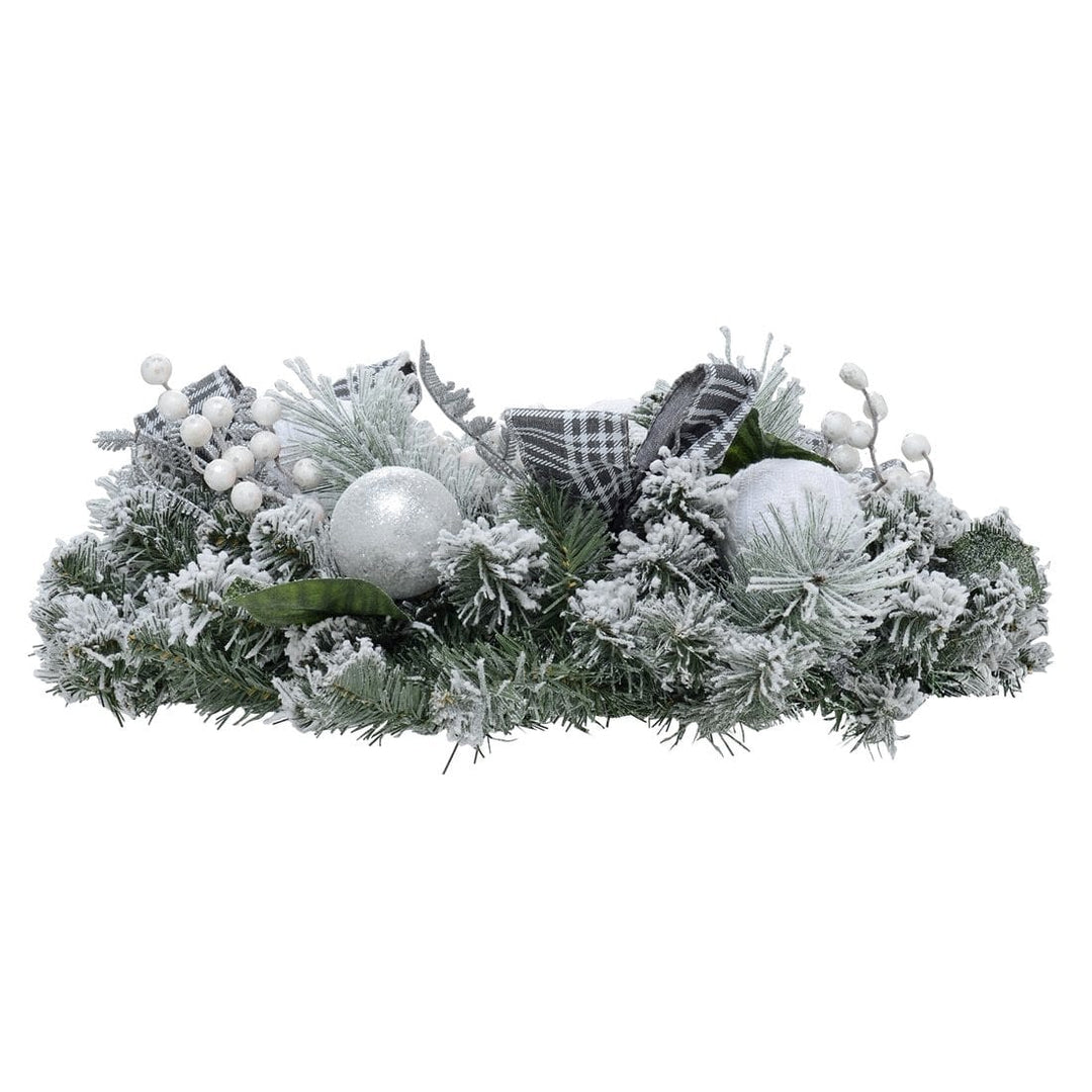 Snow Flocked Christmas Wreath With Grey Tartan Bows 60cm