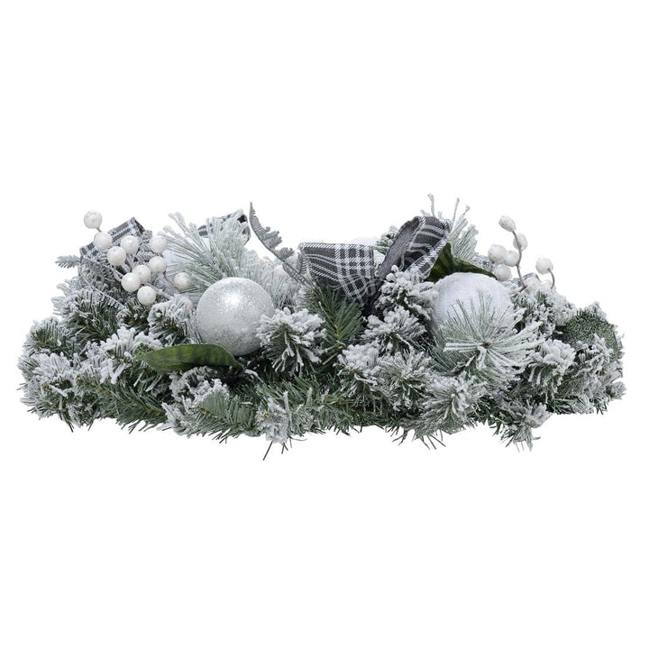 Snow Flocked Christmas Wreath With Grey Tartan Bows 60cm
