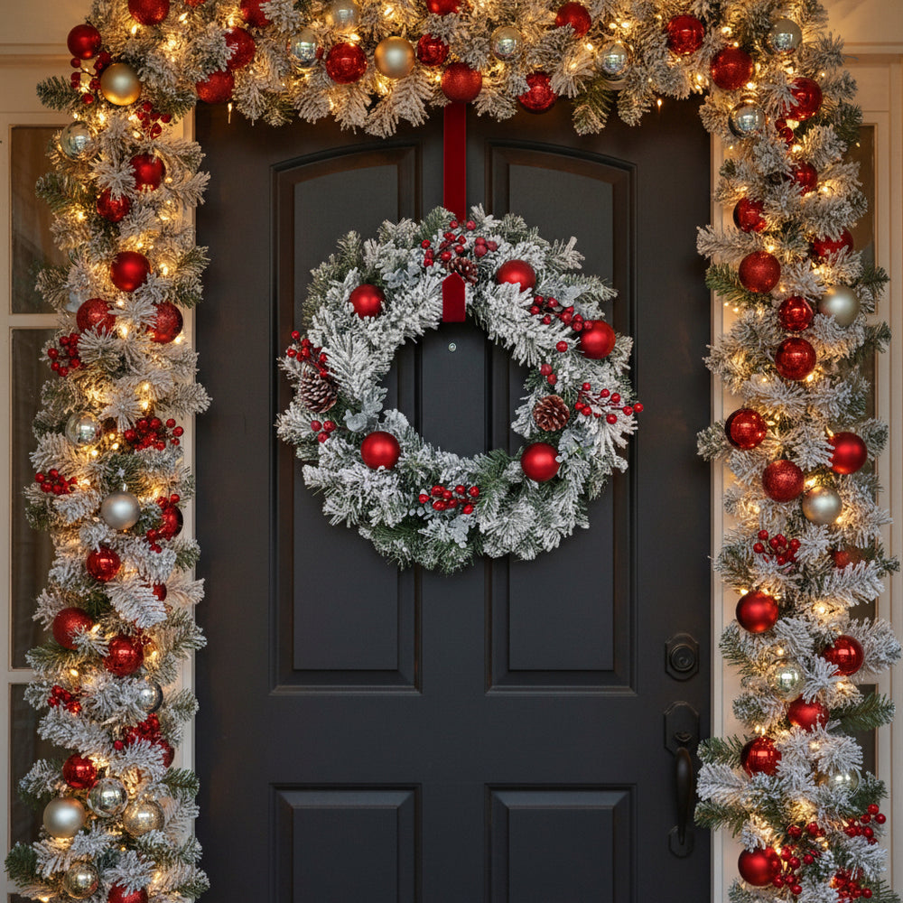 Snow Flocked Christmas Wreath With Red Berries Baubles 60cm