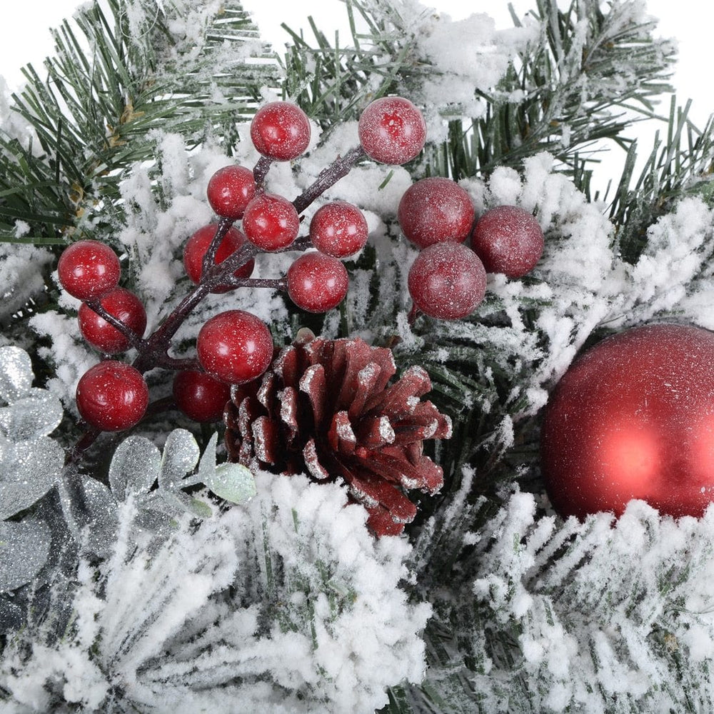 Snow Flocked Christmas Wreath With Red Berries Baubles 60cm