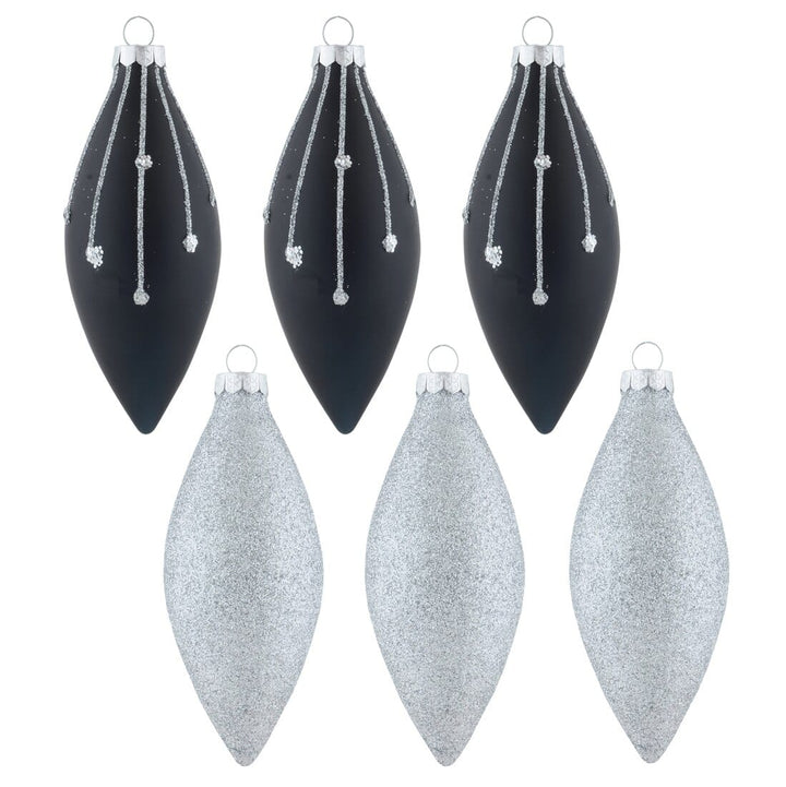 6pk Glass Drop Christmas Tree Baubles With Glitter Silver