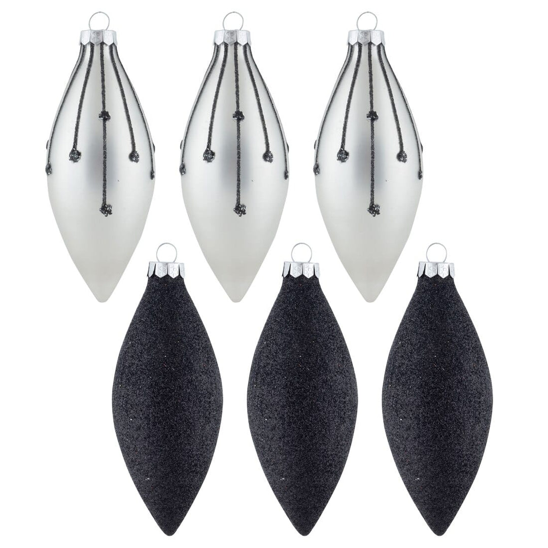 6pk Glass Drop Christmas Tree Baubles With Glitter Black